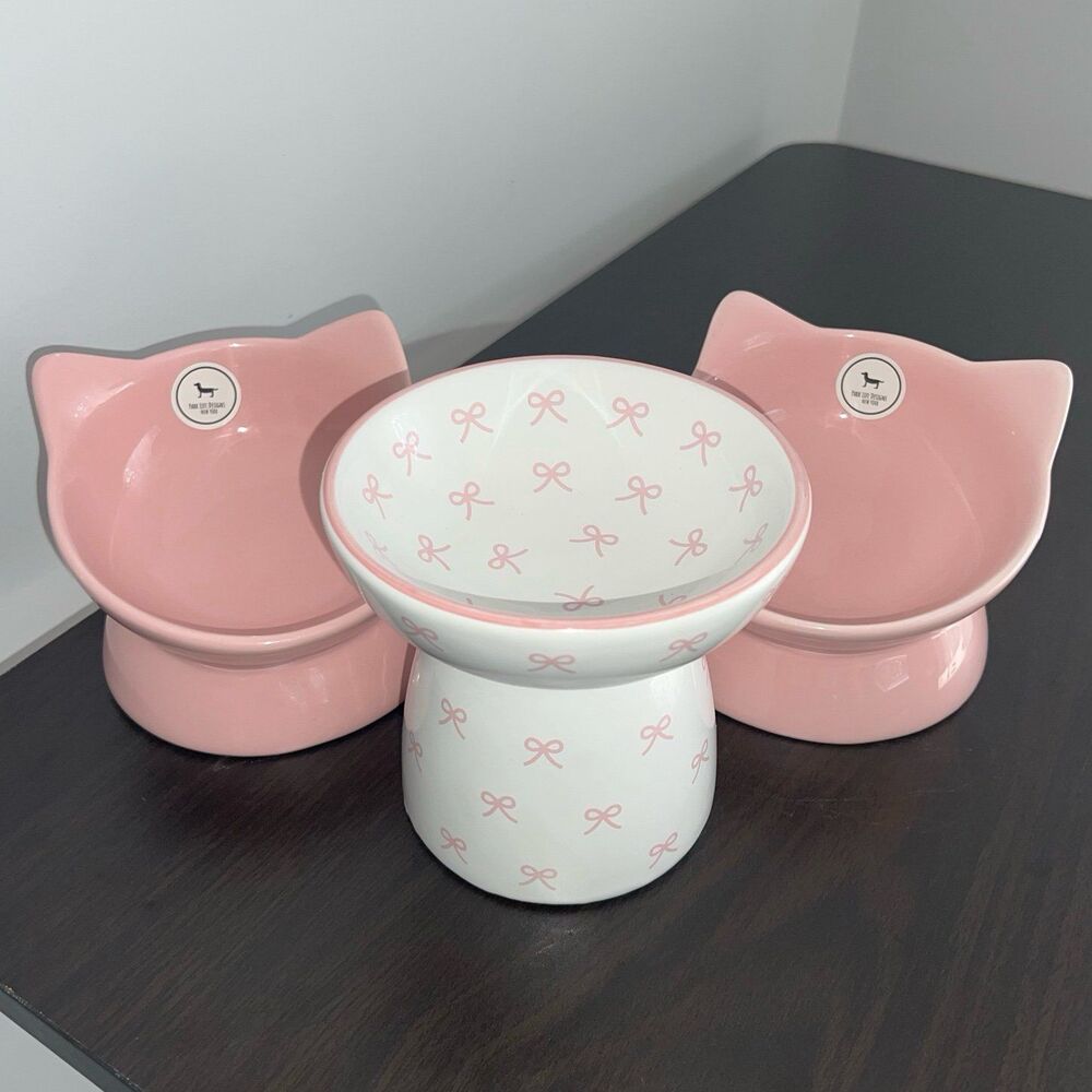 Kawaii Elevated Stoneware Ceramic Cat Bowl Set